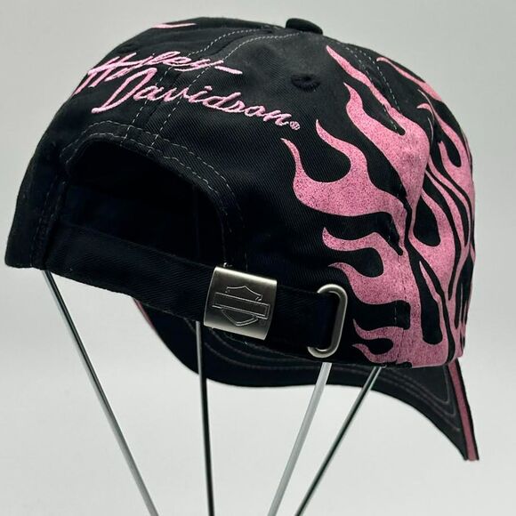 Y2K Pink Flame Harley Davidson Black Baseball Cap Hat Women's Glitter Adjustable - Picture 3 of 12